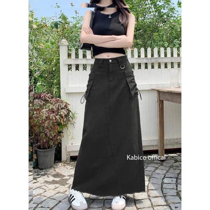 Chân váy jean nữ KABICO dáng dài cạp cao dáng dài, chân váy jean nữ dài qua gối phong cách túi hộp xẻ trước_A40
