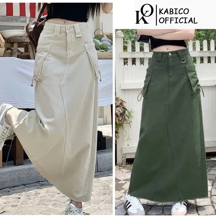 Chân váy jean nữ KABICO dáng dài cạp cao dáng dài, chân váy jean nữ dài qua gối phong cách túi hộp xẻ trước_A40