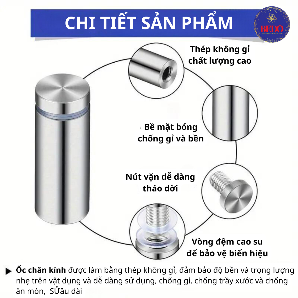 Ốc Chân Kính Inox BEDO Trụ Inox Gắn Kính Nhà Tắm Chân Gương Inox Chống Gỉ Chắc Chắn Bền Đẹp