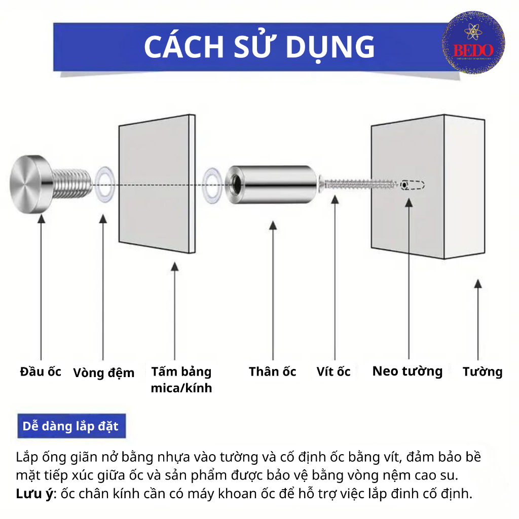 Ốc Chân Kính Inox BEDO Trụ Inox Gắn Kính Nhà Tắm Chân Gương Inox Chống Gỉ Chắc Chắn Bền Đẹp