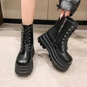 Giày Bốt Nữ Da Màu Đen Trơn Cổ Cao Cột Dây Phong Cách Đế Cao Năng Động B001_NT Shoes