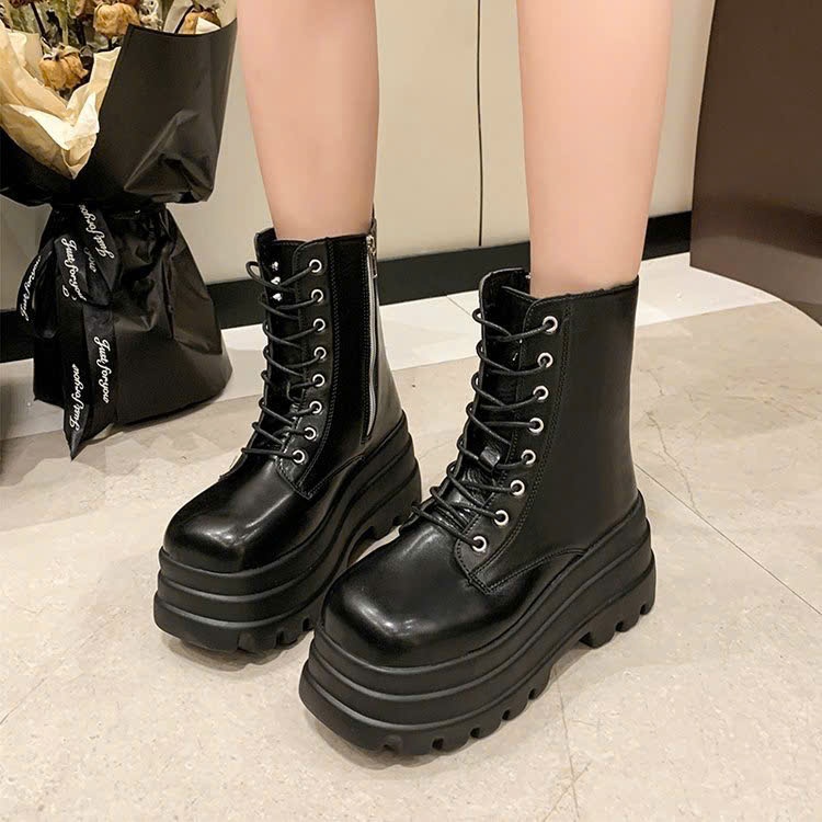 Giày Bốt Nữ Da Màu Đen Trơn Cổ Cao Cột Dây Phong Cách Đế Cao Năng Động B001_NT Shoes