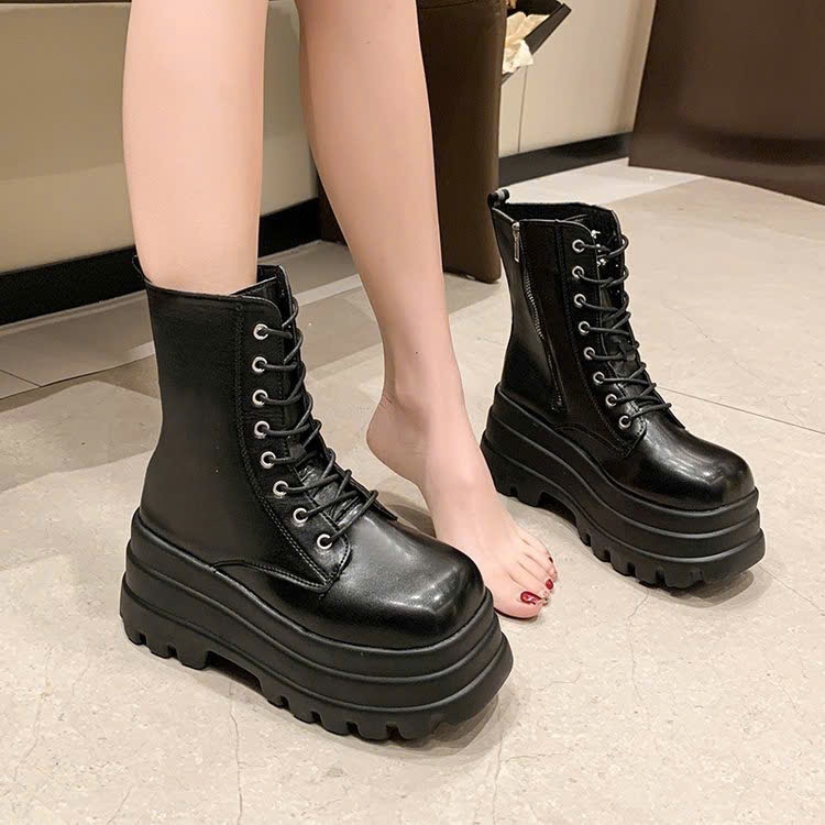Giày Bốt Nữ Da Màu Đen Trơn Cổ Cao Cột Dây Phong Cách Đế Cao Năng Động B001_NT Shoes