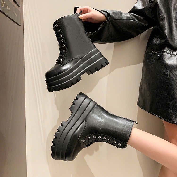 Giày Bốt Nữ Da Màu Đen Trơn Cổ Cao Cột Dây Phong Cách Đế Cao Năng Động B001_NT Shoes