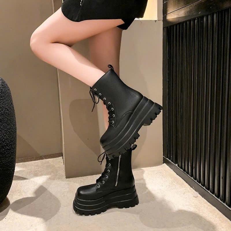 Giày Bốt Nữ Da Màu Đen Trơn Cổ Cao Cột Dây Phong Cách Đế Cao Năng Động B001_NT Shoes