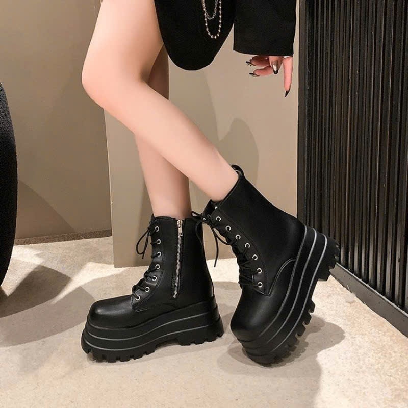 Giày Bốt Nữ Da Màu Đen Trơn Cổ Cao Cột Dây Phong Cách Đế Cao Năng Động B001_NT Shoes