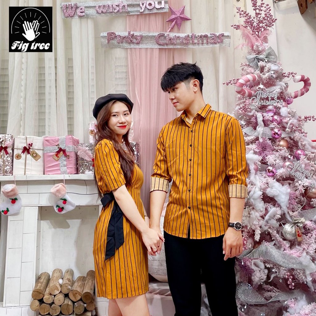 Set Sơ Mi Váy Đôi Fig Tree Sọc Đứng Vàng Mã Số 145C