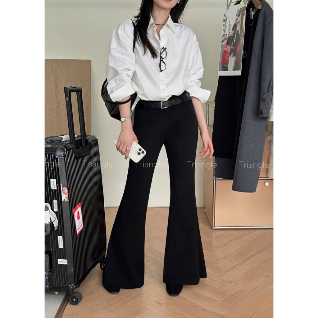 Triangle Bell-Bottoms (Giá thanh lý, không hoàn)Quần ống loe màu đen Hàn Quốc có kèm belt chất vải thun lụa
