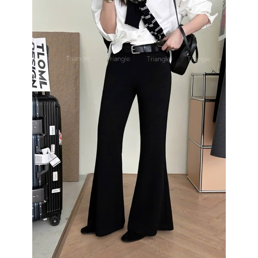 Triangle Bell-Bottoms (Giá thanh lý, không hoàn)Quần ống loe màu đen Hàn Quốc có kèm belt chất vải thun lụa