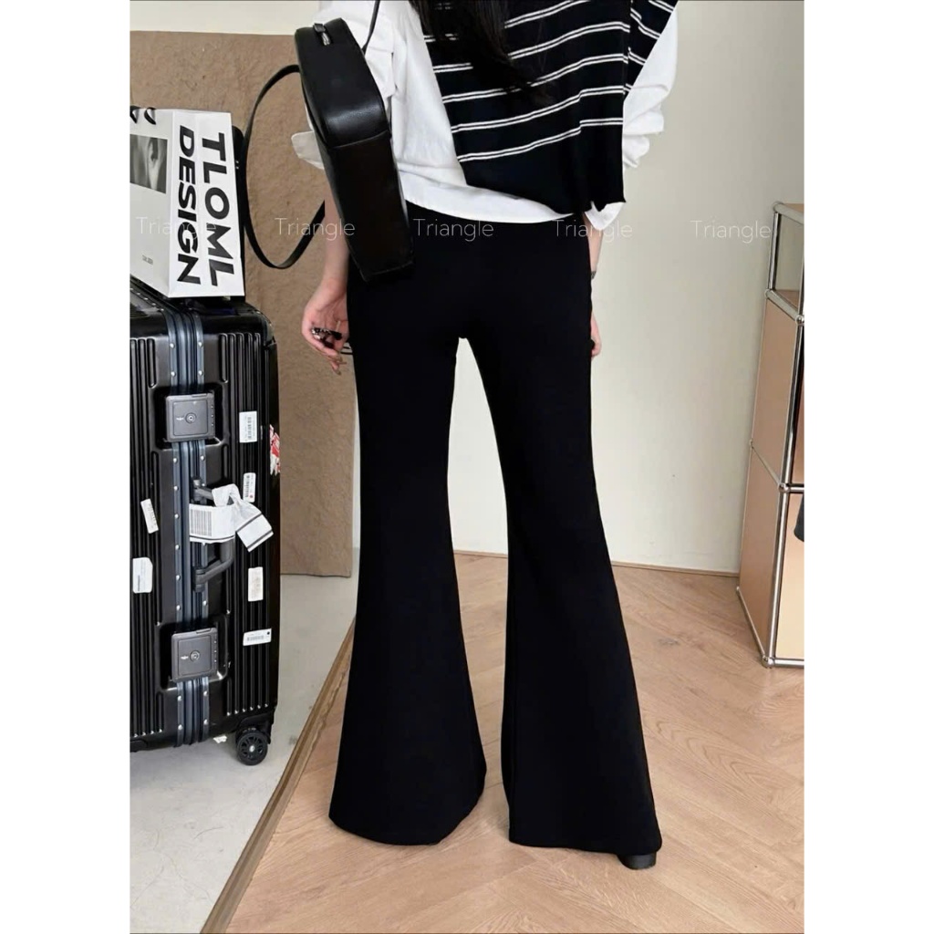 Triangle Bell-Bottoms (Giá thanh lý, không hoàn)Quần ống loe màu đen Hàn Quốc có kèm belt chất vải thun lụa