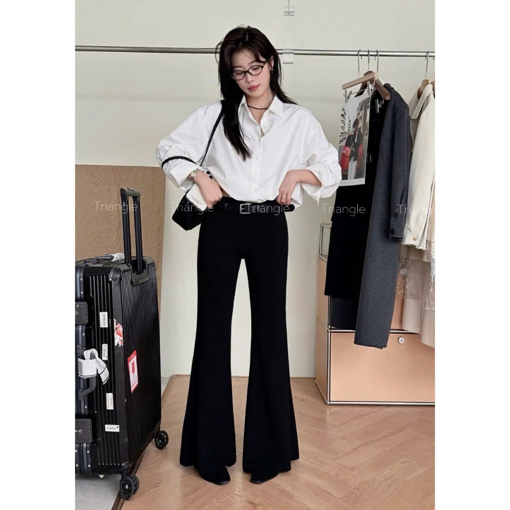 Triangle Bell-Bottoms (Giá thanh lý, không hoàn)Quần ống loe màu đen Hàn Quốc có kèm belt chất vải thun lụa