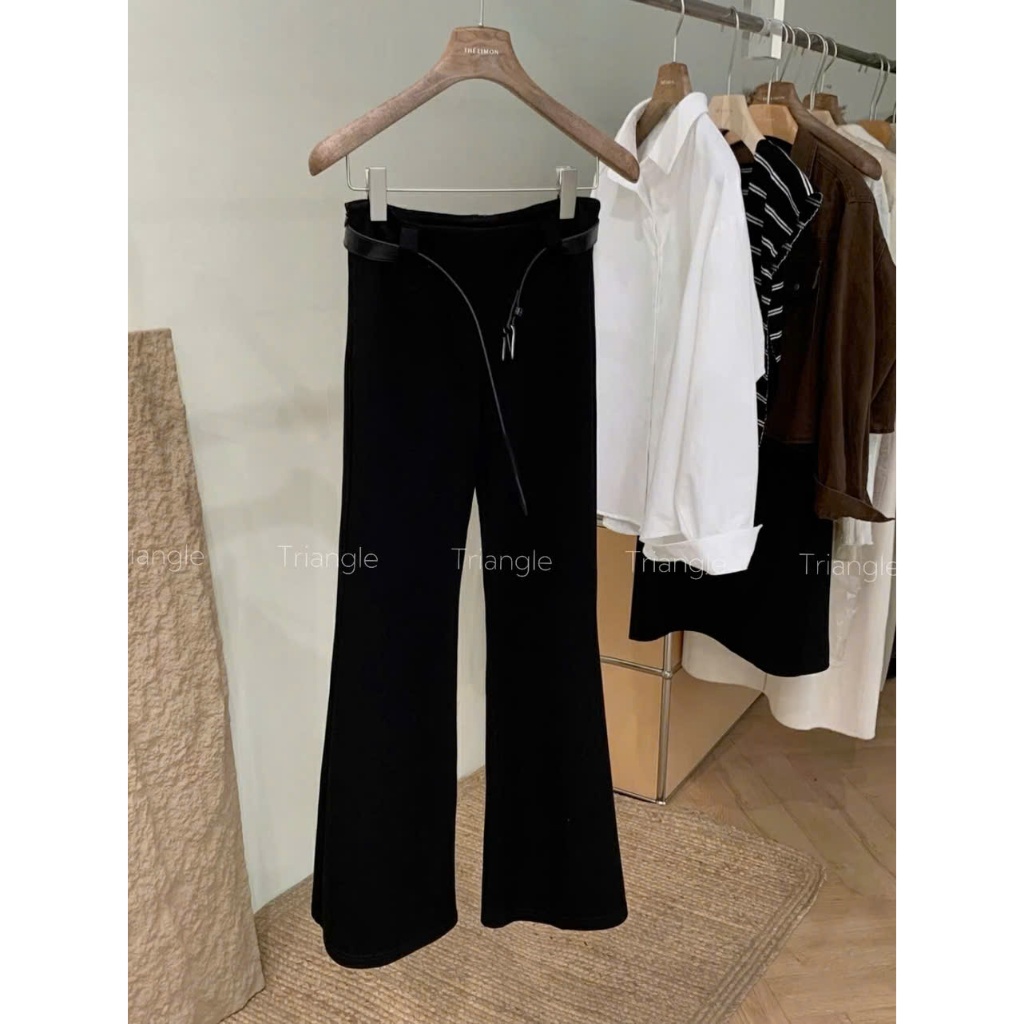 Triangle Bell-Bottoms (Giá thanh lý, không hoàn)Quần ống loe màu đen Hàn Quốc có kèm belt chất vải thun lụa