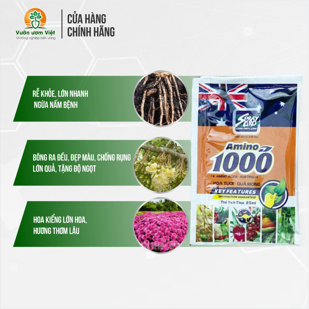 Phân bón Amino 1000 - hoa tươi quả mọng, nuôi dưỡng hoa và quả đẹp màu, ngon ngọt tự nhiên - 25ml