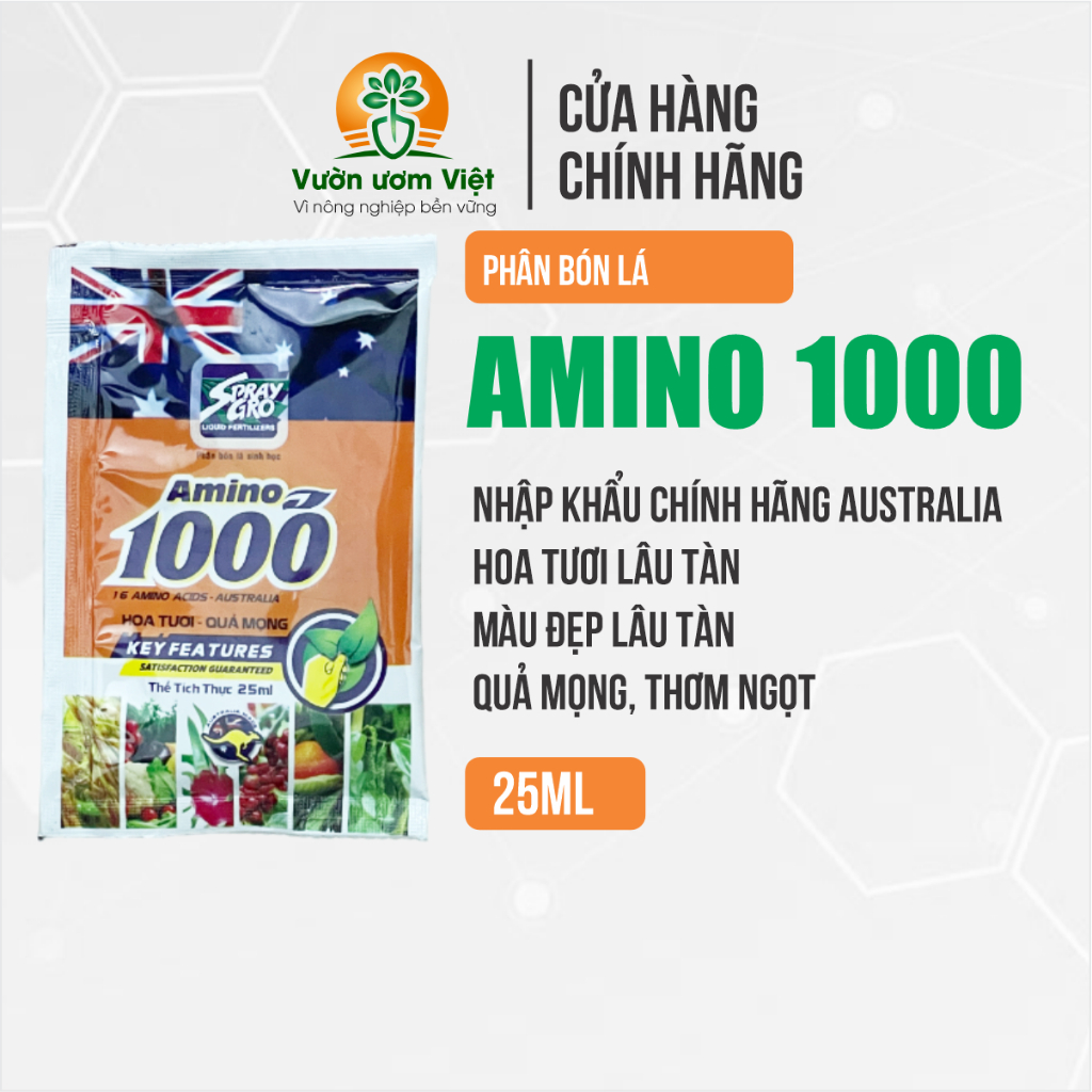 Phân bón Amino 1000 - hoa tươi quả mọng, nuôi dưỡng hoa và quả đẹp màu, ngon ngọt tự nhiên - 25ml