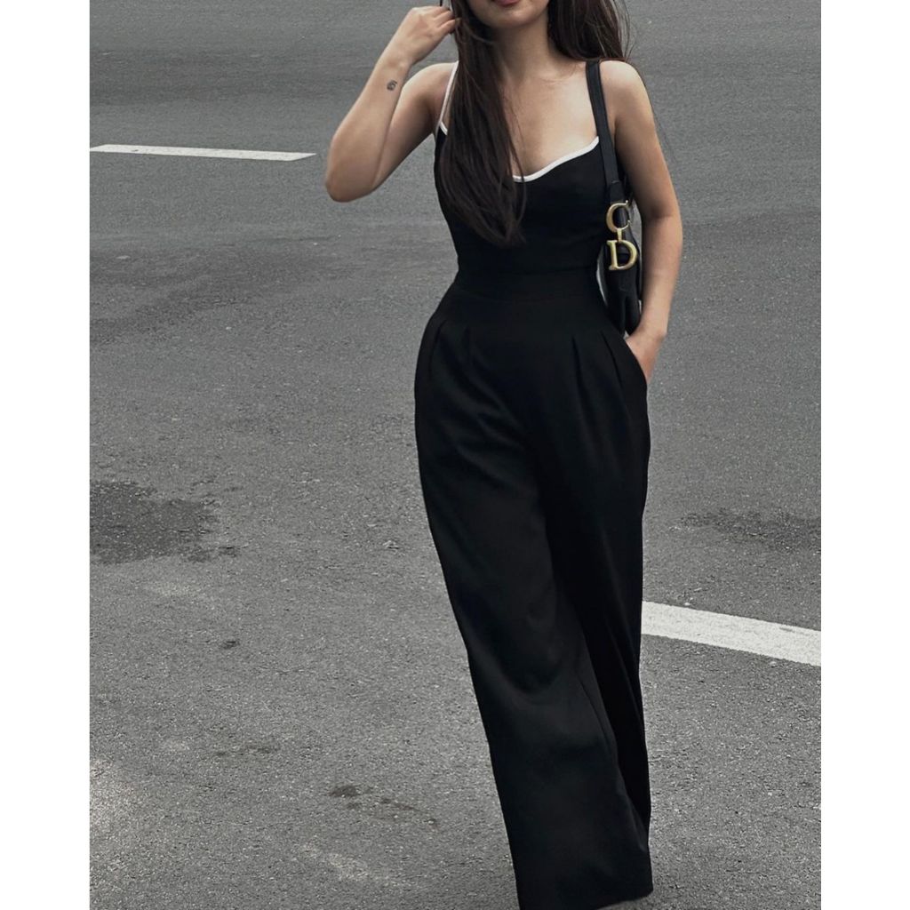 Jumpsuit cho nữ mùa hè gợi cảm thiết kế có túi hai bên áo liền quần hai dây viền trắng