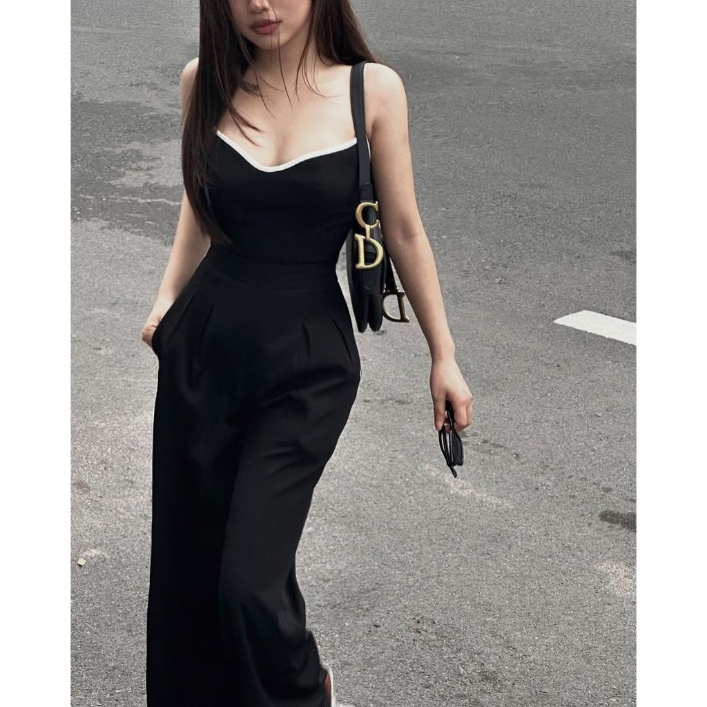 Jumpsuit cho nữ mùa hè gợi cảm thiết kế có túi hai bên áo liền quần hai dây viền trắng