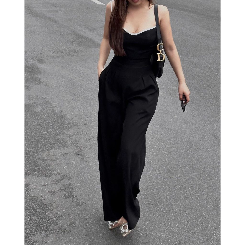 Jumpsuit cho nữ mùa hè gợi cảm thiết kế có túi hai bên áo liền quần hai dây viền trắng