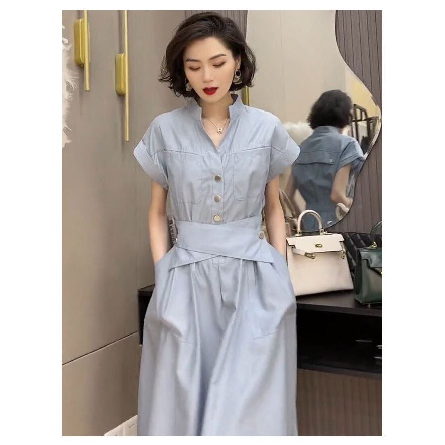 Váy xanh ngắn tay vạt chéo có chun xoè nữ tính