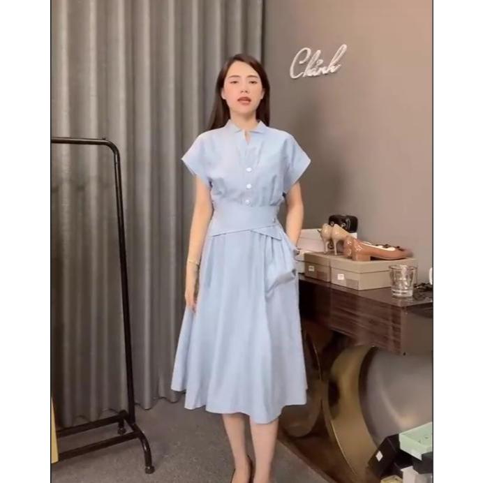 Váy xanh ngắn tay vạt chéo có chun xoè nữ tính
