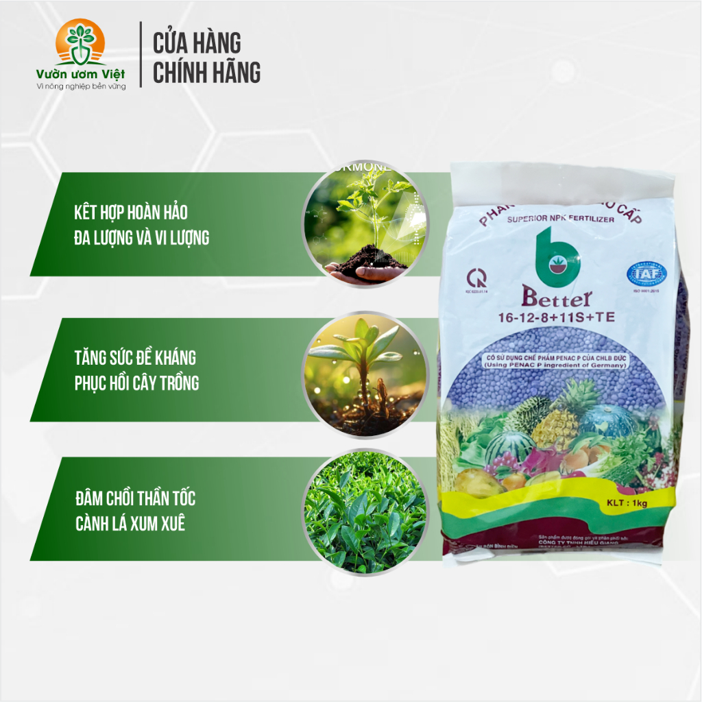 Phân bón 16-12-8+11S+TE Đầu Trâu dưỡng cây xanh lá, bổ sung lưu huỳnh tăng đề kháng, sức sống - 1 Kg