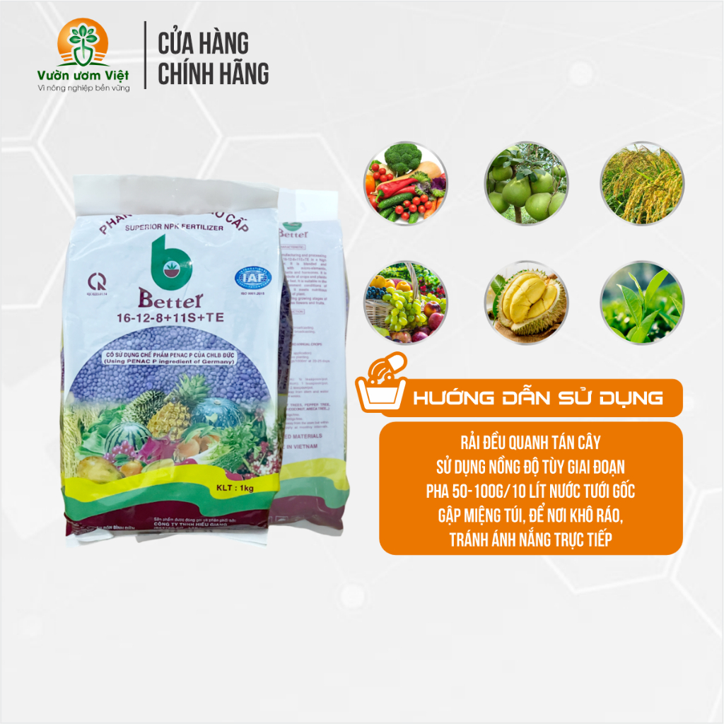 Phân bón 16-12-8+11S+TE Đầu Trâu dưỡng cây xanh lá, bổ sung lưu huỳnh tăng đề kháng, sức sống - 1 Kg