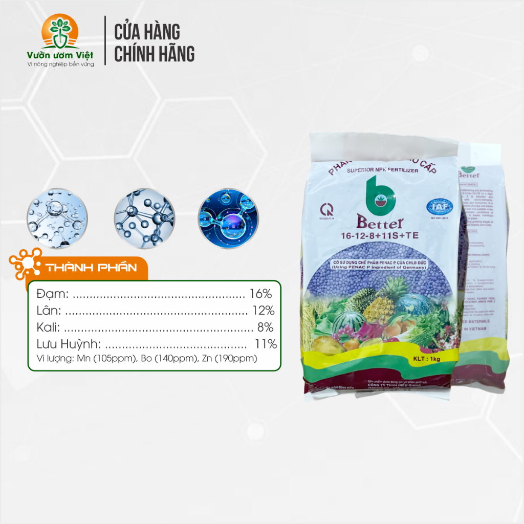 Phân bón 16-12-8+11S+TE Đầu Trâu dưỡng cây xanh lá, bổ sung lưu huỳnh tăng đề kháng, sức sống - 1 Kg