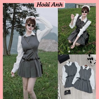 Váy Đầm Nữ Xám Phối Cổ Tay Sơ Mi Trắng Cổ Sen Cài Cúc Khóa Lưng Mix Đuôi Váy Xếp Ly Kèm Đai Lưng Freesize