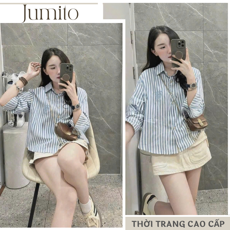 Áo sơ mi nữ kẻ sọc xanh trắng Jumito mặc mùa hè hàng hot trend 2024, áo nữ over size chất liệu cao cấp HCOM3079