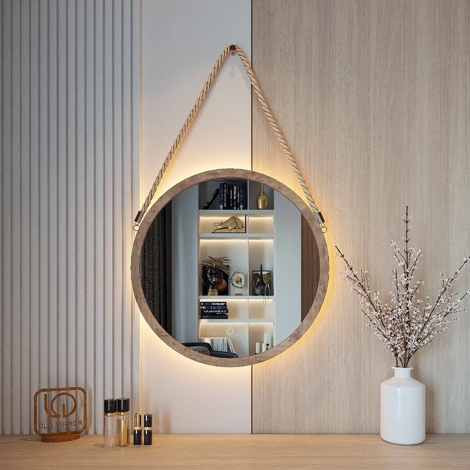 Product image Gương Tròn Treo Tường Viền Gỗ Dây Thừng Có Led Cảm Ứng 3 Màu Tiện Lợi Neonchill97 GDT01 2