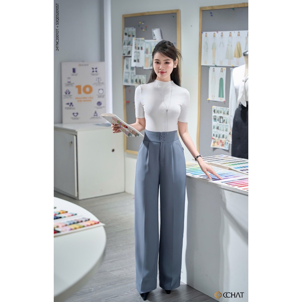 Ảnh Quần Ống Rộng 𝐂𝐂𝐇𝐀𝐓 Kiểu Bản Cạp To 3 Cúc Chất Tuytsi Cao Cấp 53QDS2010ST 4
