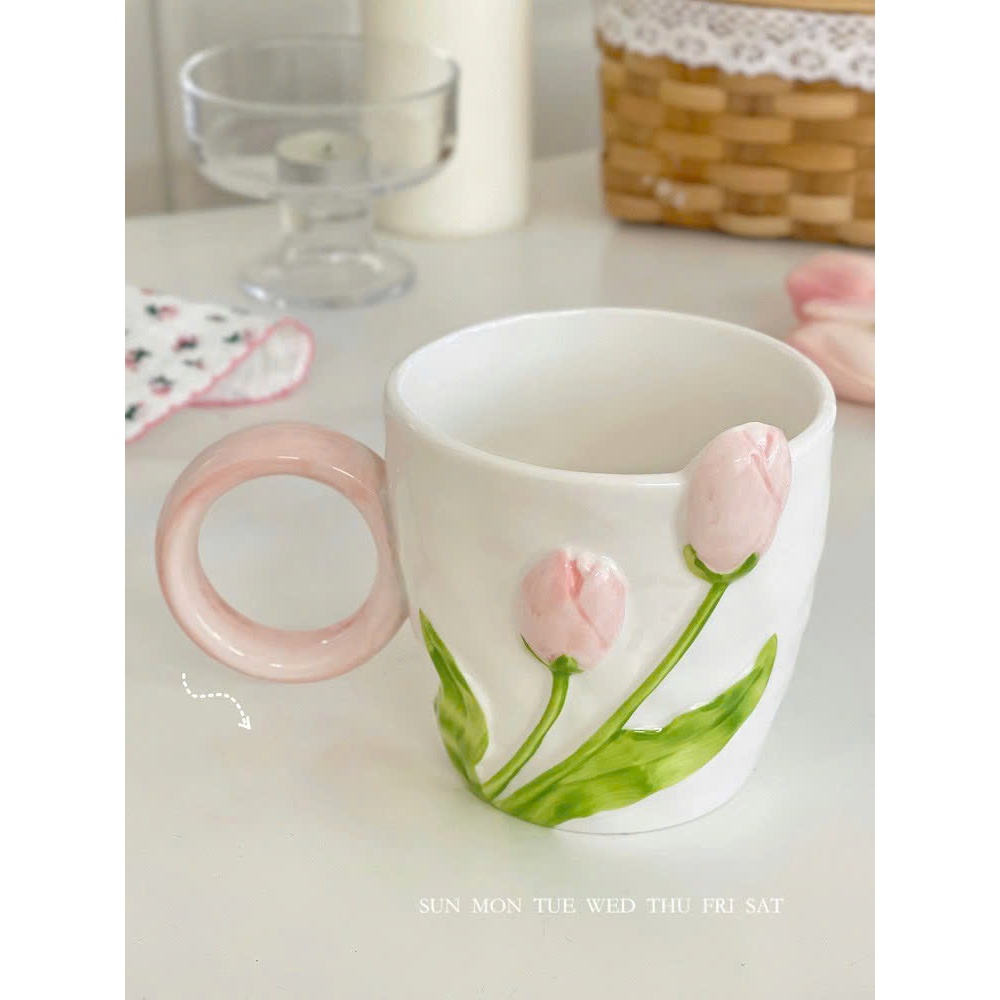 Cốc sứ uống nước Cao Cấp Hoạ tiết Tulip Xinh Xắn Sang Chảnh 400ml