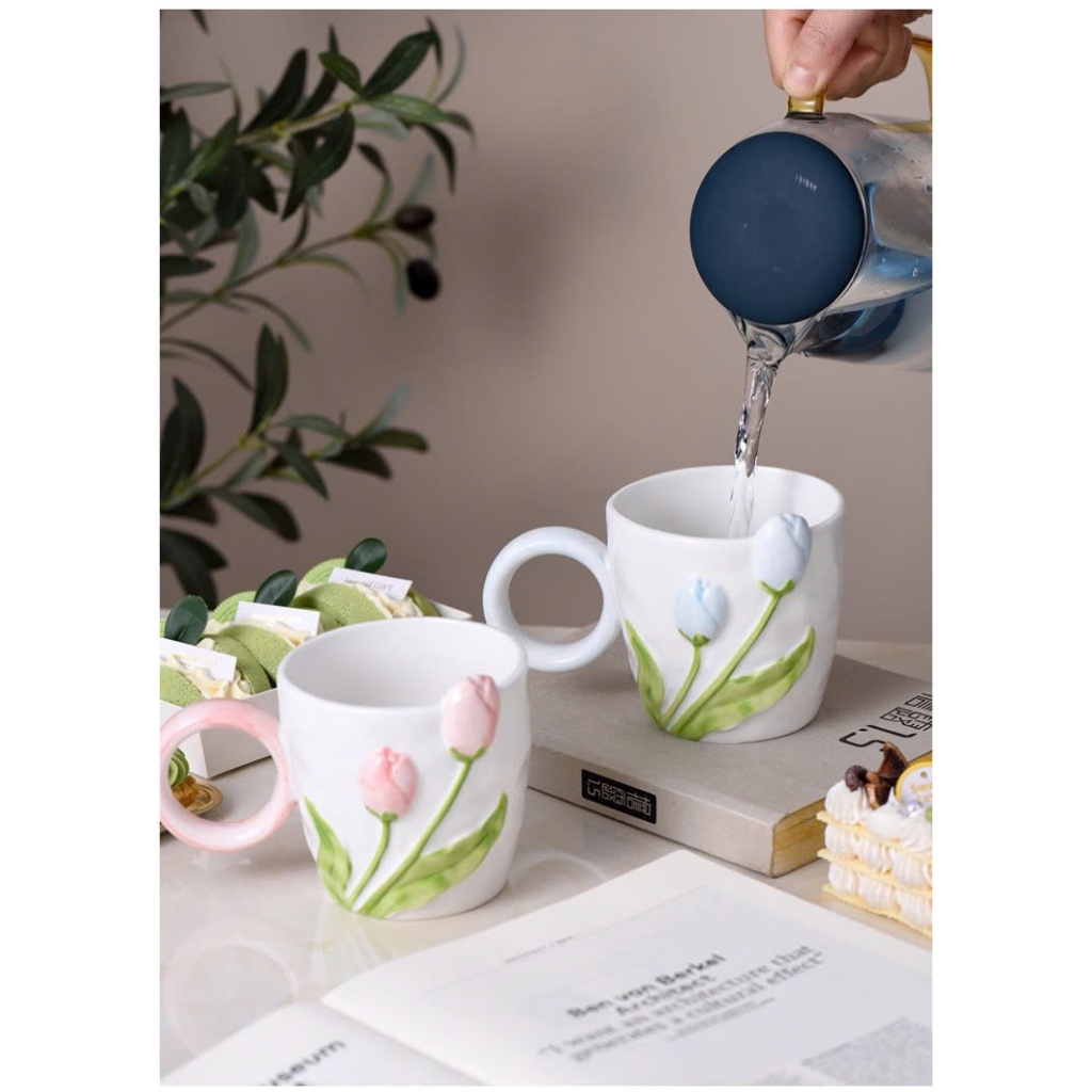 Cốc sứ uống nước Cao Cấp Hoạ tiết Tulip Xinh Xắn Sang Chảnh 400ml
