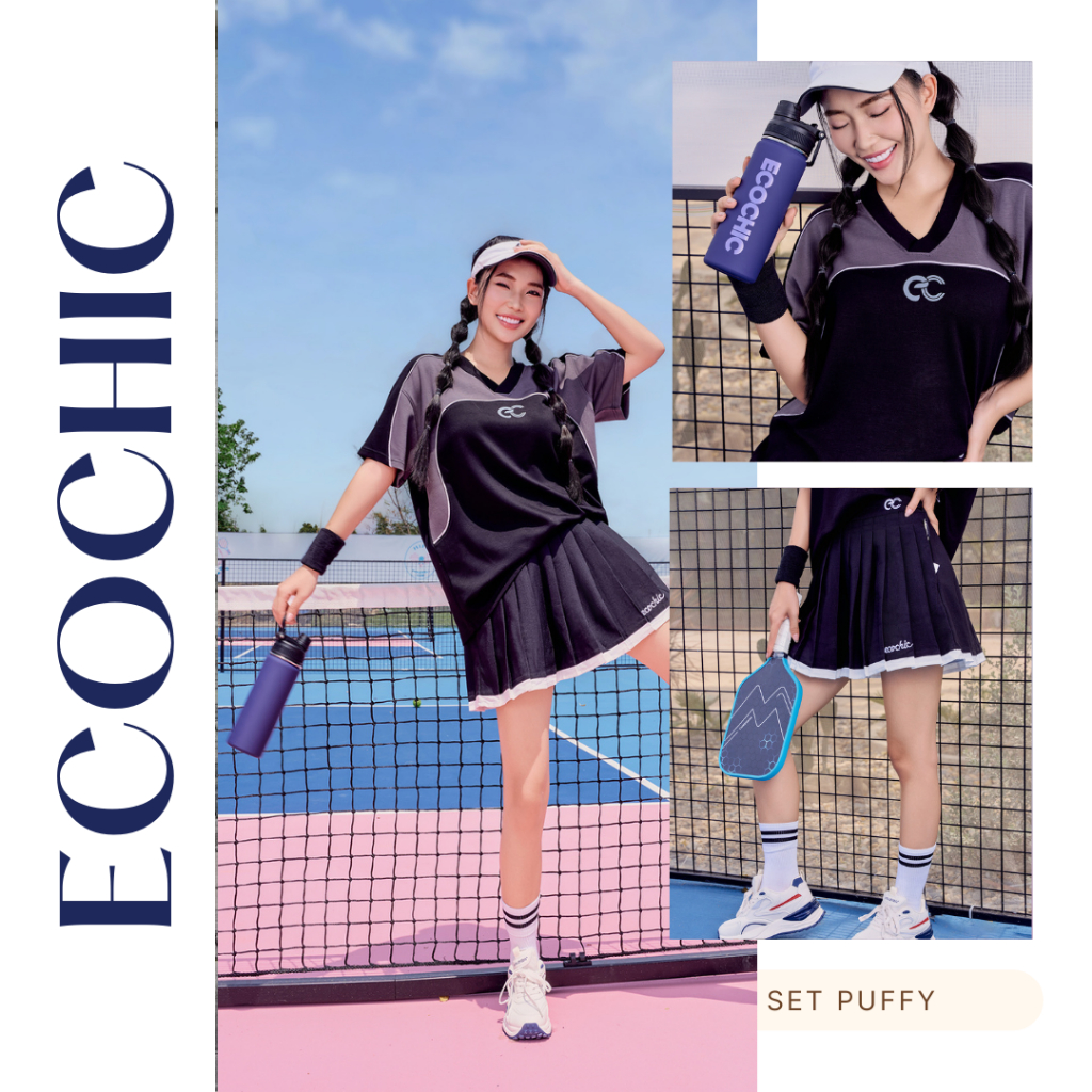 Chân Váy Tennis Xếp Ly Chính Hãng ECOCHIC Logo Thêu Dáng Xoè Ngắn Cạp Cao Có Lót Trong Màu Trắng Be Than B079