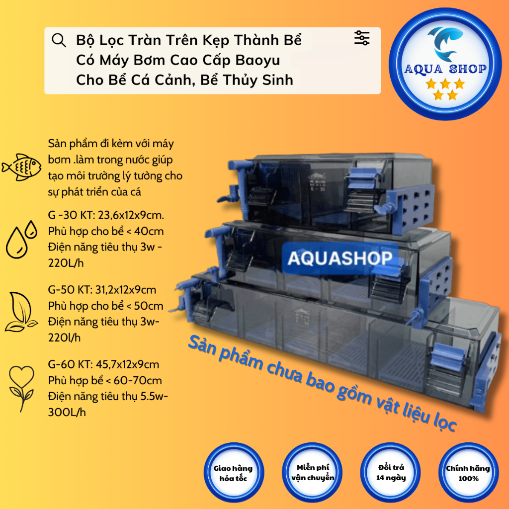 Bộ Lọc Tràn Trên Kẹp Thành Bể Có Máy Bơm Cao Cấp Baoyu Cho Bể Cá Cảnh,Bể Thủy Sinh (có kèm Máy Bơm)