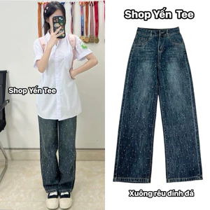 Quần jeans ống xuông đính đá Yến Tee hàng cao cấp , màu rêu đậm không bụi sang sịn