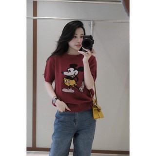 Áo Len Ngắn Tay Hạ Tiết Mickey Cổ Tròn Trơn Basic QCCC Cao Cấp Freesize