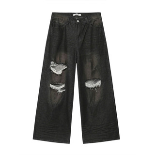 Quần Jeasn Nam Nữ Màu Đen Ống To Phối Rách - Thời Trang Unisex Chất Vải Dày Dặn