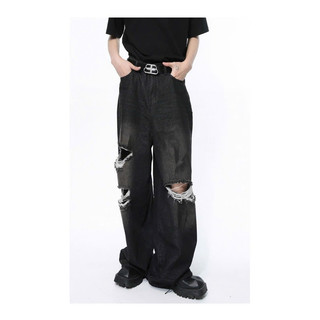 Quần Jeasn Nam Nữ Màu Đen Ống To Phối Rách - Thời Trang Unisex Chất Vải Dày Dặn