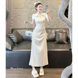 Đầm thun gân tay ngắn cổ sơ mi rút dây eo hai bên dáng dài thời trang sang chảnh dể mặc mặc được hằng ngày
