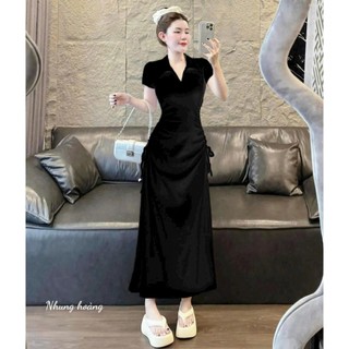 Đầm thun gân tay ngắn cổ sơ mi rút dây eo hai bên dáng dài thời trang sang chảnh dể mặc mặc được hằng ngày