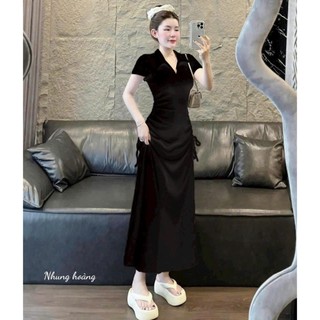 Đầm thun gân tay ngắn cổ sơ mi rút dây eo hai bên dáng dài thời trang sang chảnh dể mặc mặc được hằng ngày