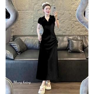 Đầm thun gân tay ngắn cổ sơ mi rút dây eo hai bên dáng dài thời trang sang chảnh dể mặc mặc được hằng ngày