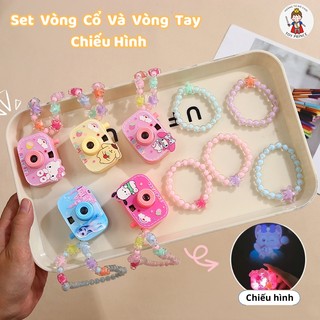 Set Máy Ảnh Kèm Vòng Cổ Vòng Tay Kuromi/Melody/Cún Trắng Dễ Thương Có Đèn LED Chiếu Hình Lung Linh Vòng Trang Trí Cho Bé