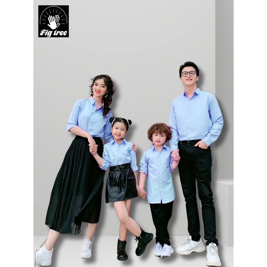 Combo Áo Sơ Mi Gia Đình Fig Tree Màu Xanh Nhạt Đi Tiệc, Chụp Hình, Phong Cách Hiện Đại. Size 8-110kg