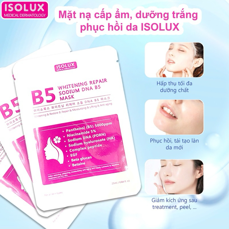 Combo 20 miếng Mặt nạ B5 ISOLUX Whitening repair sodium DNA B5 mask 25ml hạn 2029 Hàn Quốc IS169