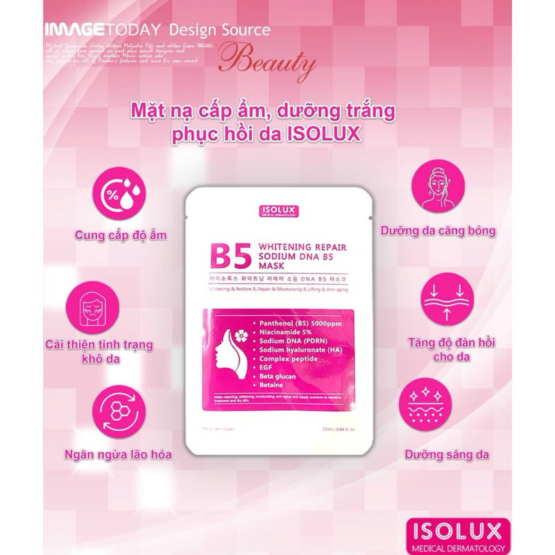 Combo 20 miếng Mặt nạ B5 ISOLUX Whitening repair sodium DNA B5 mask 25ml hạn 2029 Hàn Quốc IS169