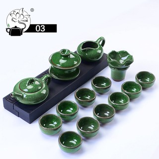 Bộ ấm chén uống trà sứ xanh ngọc men rạn 14 món bày trí phòng khách - Ấm chén trà đạo sứ men rạn