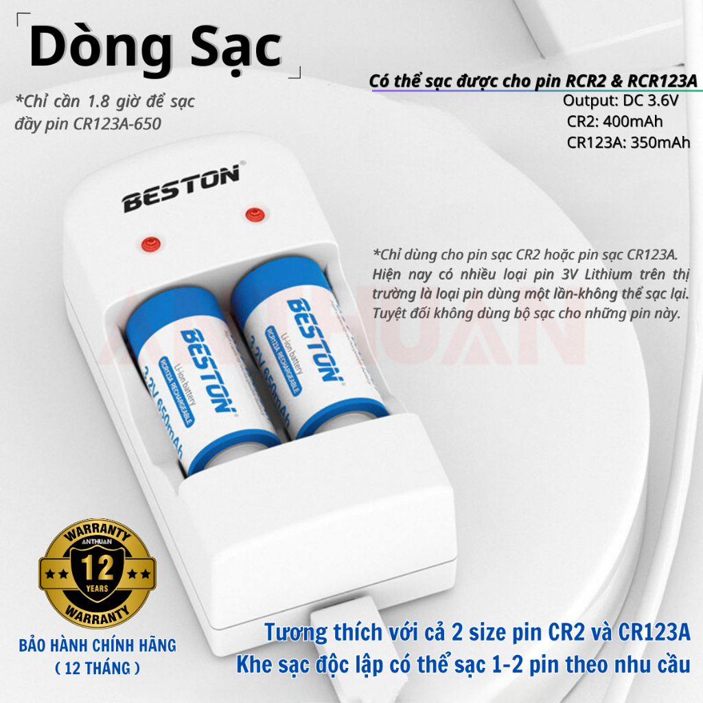 Combo Pin sạc CR123A BESTON máy sạc M7003(CD643) 3.2V cho máy ảnh, ống nhòm, camera, đo khoảnh cách.