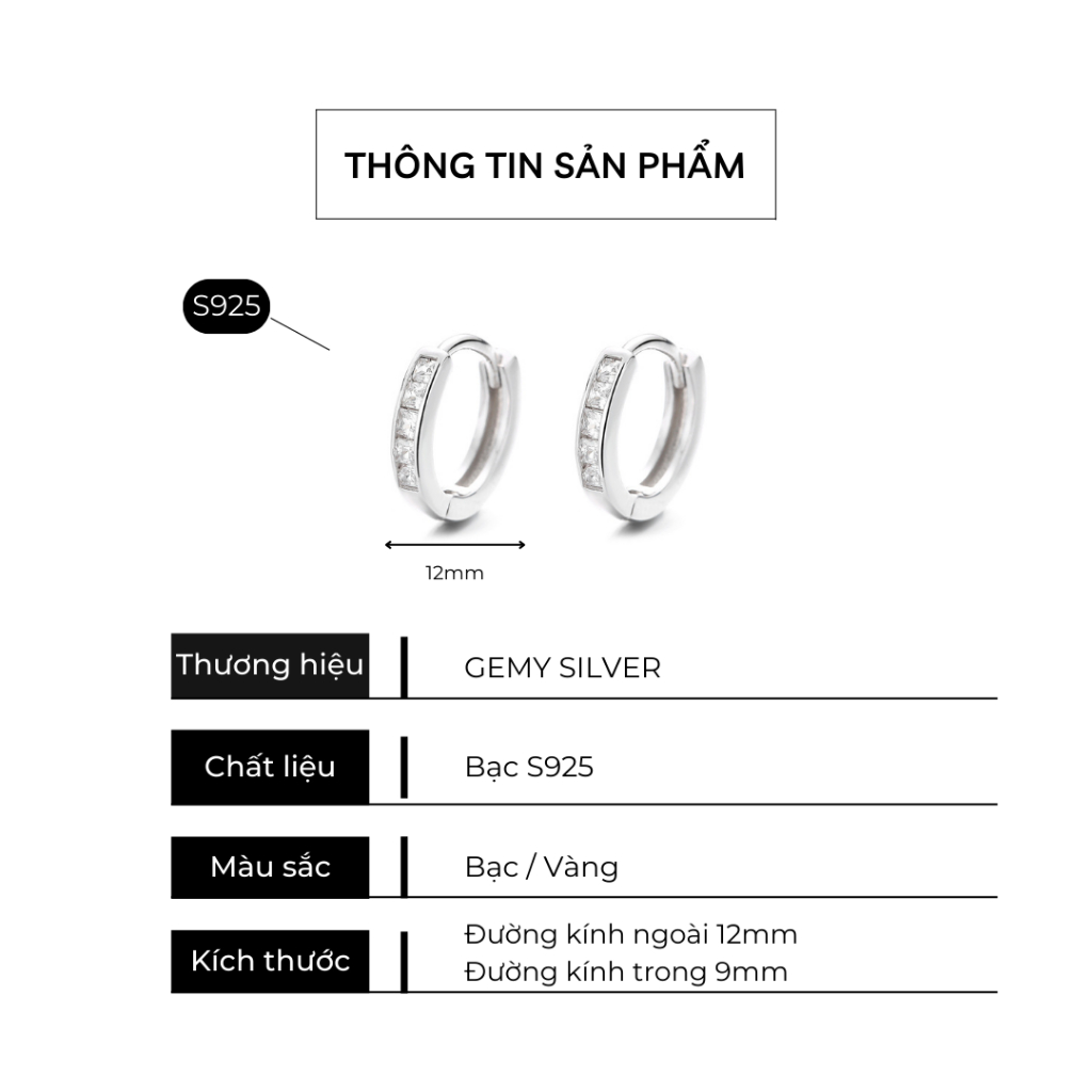 Khuyên tai tròn nam bạc 925 unisex đính đá vuông trơn basic xi vàng trắng/ xi vàng 14k (1 chiếc) KN130 | GEMY SILVER