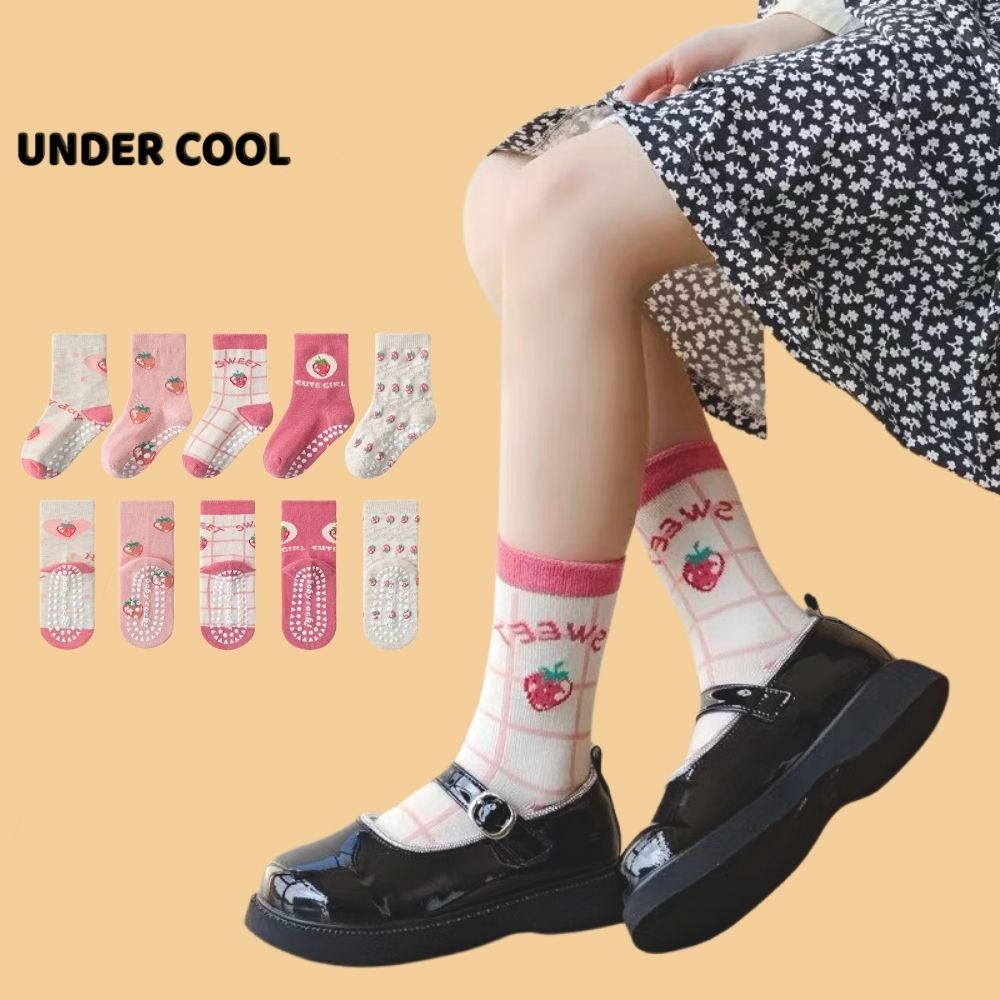 Set 5 Đôi Tất Vớ Cotton trẻ em 1-12 tuổi UNDERCOOL Chống trượt họa tiết Dâu Hồng, xinh xắn dễ thương TC59